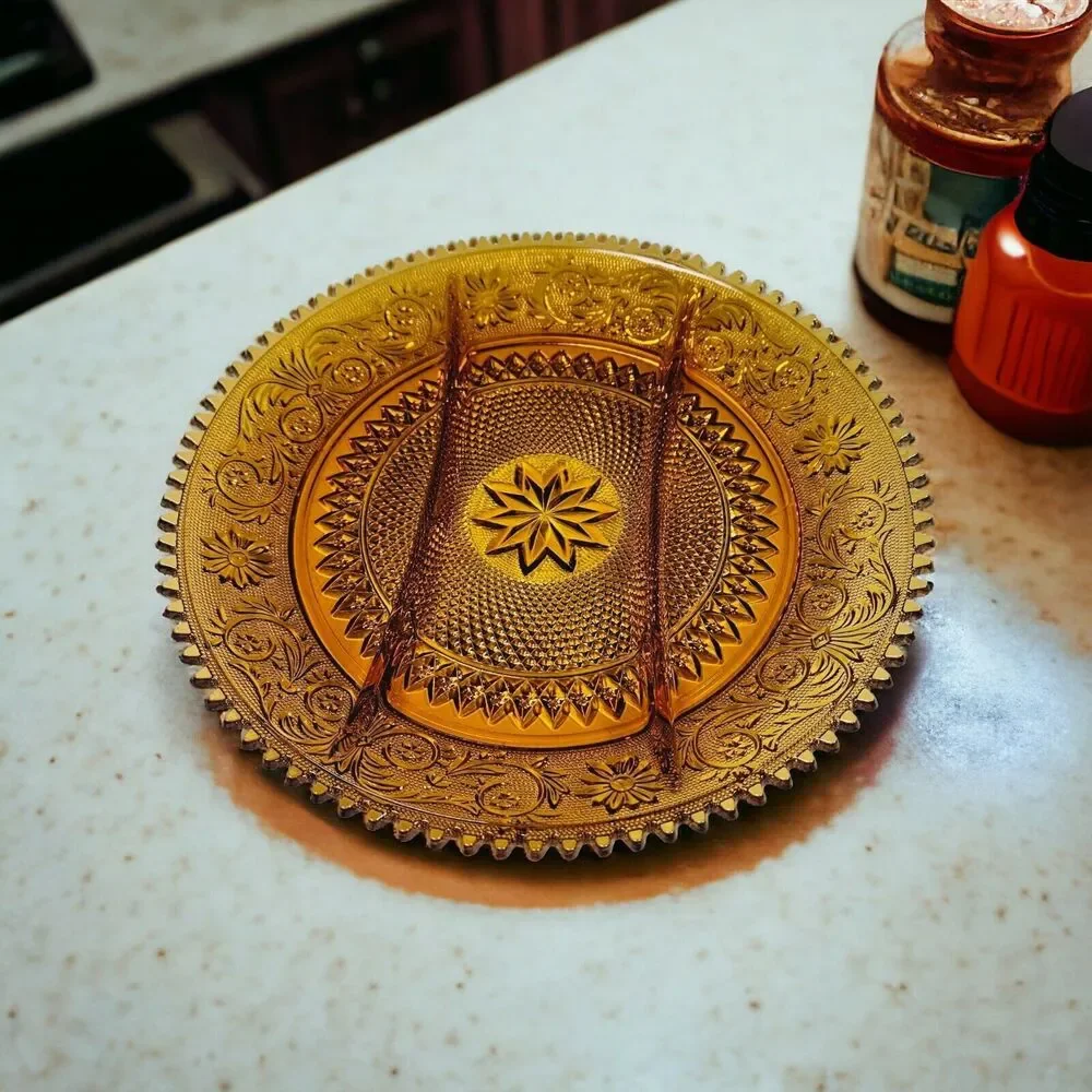 Vtg Amber Indiana Glass Divided Platter Scalloped Edge Sandwich Relish Tray